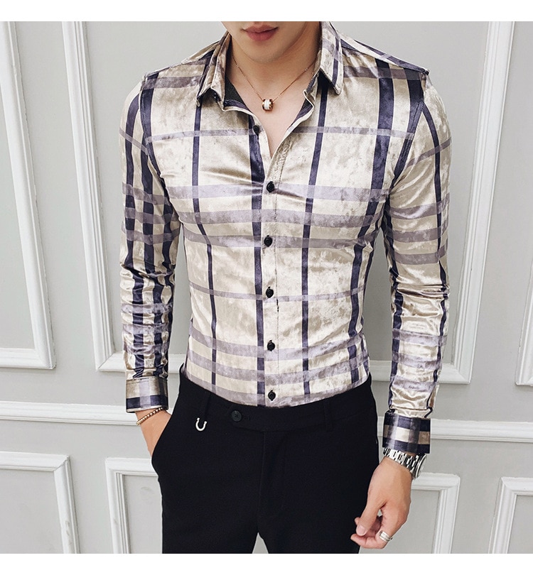럭셔리 신제품 남성 골드 벨벳 슬림핏 긴팔 셔츠, 패션 스트라이프 셔츠 남성 의류 Camisa Social tops 고품질